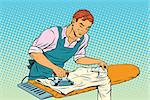 Vintage employee ironed clothes. pop art retro vector illustration. Homework and service in the hotel