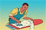 Vintage employee ironed clothes. pop art retro vector illustration. Homework and service in the hotel. African American people