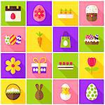 Easter Spring Colorful Icons. Vector Illustration. Happy Holiday. Set of Flat Rectangle Items with Long Shadow.