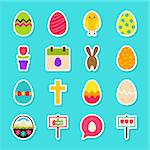 Happy Easter Stickers. Vector Illustration Flat Style. Collection of Spring Holiday Symbols.