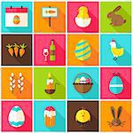 Spring Easter Colorful Icons. Vector Illustration. Happy Holiday. Set of Flat Rectangle Items with Long Shadow.