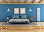 Two level bedroom with double bed and blue wall - 3d rendering