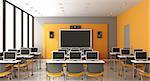 Contemporary multimedia classroom with digital blackboard,laptop and speaker - 3d rendering