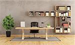 Office with wooden furniture with classic desk and bookcase on wall - 3d rendering