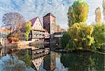 Old town of Nuremberg with half-timbered houses over Pegnitz river, Germany