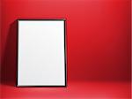 Blank white paper poster in thin black frame on red background. Poster mock-up template