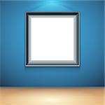 Blank white poster on blue wall in museum or gallery interior. Poster mock-up template