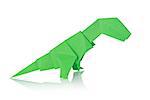 Green dinosaur Rex of origami, isolated on white background