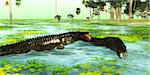 Uberabasuchus reptiles catch fish in a tropical region of Brazil in the Cretaceous Period.