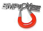 Horseshoe magnet attracting the word employee over white background, 3d illustration of staff retention program or attractive employer.