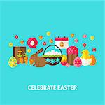 Celebrate Easter Greeting Card. Flat Design Vector Illustration. Spring Holiday Poster.