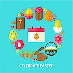 Celebrate Easter Postcard. Poster Design Vector Illustration. Collection of Spring Holiday Objects.