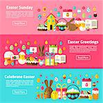 Easter Greetings Web Horizontal Banners. Flat Style Vector Illustration for Website Header. Spring Holiday Objects.