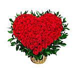 Heart shaped bouquet of red roses isolated on white background.