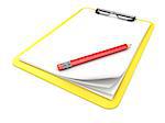 Yellow clipboard and blank paper. 3D render illustration isolated on white background