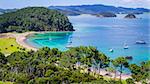 View of Bay of Islands, North Island, New Zealand from viewpoint, a popular tourist attraction with turqoise waters reached only by boat