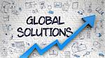 Global Solutions - Modern Style Illustration with Hand Drawn Elements. Global Solutions - Improvement Concept. Inscription on White Brickwall with Hand Drawn Icons Around.