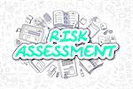 Cartoon Illustration of Risk Assessment, Surrounded by Stationery. Business Concept for Web Banners, Printed Materials.