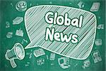 Speech Bubble with Text Global News Cartoon. Illustration on Blue Chalkboard. Advertising Concept. Business Concept. Loudspeaker with Phrase Global News. Cartoon Illustration on Blue Chalkboard.