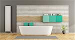 Minimalist bathroom with bathtub, concrete and wooden paneling - 3d rendering