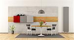 Modern dining room with round table and concrete paneling on background - 3d rendering
