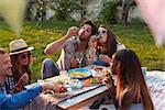 Friends Blowing Bubbles During Picnic In Garden