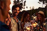 Group Of Friends With Sparklers Enjoying Outdoor Party