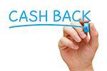 Hand writing Cash Back with blue marker on transparent glass board.