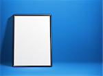Blank white paper poster in thin black frame on blue background. Poster mock-up template