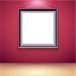 Blank white poster on red wall in museum or gallery interior. Poster mock-up template