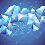 Low poly polygon mesh grid and 3d shapes on unfocused blue background