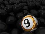 3d illustration of lottery ball and black balls stack. with depth of field blur effect.
