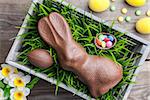 Traditional Easter decoration background with flowers, Easter bunnies and eggs