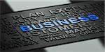 Many business words over black background with reflection and blur effect, focus on the blue word. 3D illustration for corporate communication