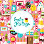 Flat Easter Greetings Postcard. Vector Illustration Spring Holiday Poster.
