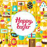 Flat Happy Easter Greeting. Vector Illustration Spring Holiday Poster.