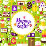 Flat Happy Easter Postcard. Vector Illustration Spring Holiday Poster.