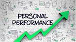 White Wall with Personal Performance Inscription and Green Arrow. Increase Concept. Personal Performance - Success Concept with Hand Drawn Icons Around on White Brick Wall Background.