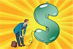 Retro businessman inflating the dollar balloon. Pop art vector illustration. business and Finance