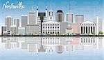 Nashville Skyline with Gray Buildings, Blue Sky and Reflections. Vector Illustration. Business Travel and Tourism Concept with Modern Architecture. Image for Presentation Banner Placard and Web Site.