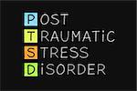 PTSD acronym Post Traumatic Stress Disorder handwritten with white chalk on blackboard.