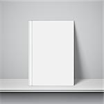 Book with empty blank cover on white bookshelf. White object mock-up or template