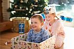 Girl pushing brother in cardboard box at christmas