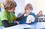 Boys in classroom, sitting at desk, looking at model of skull