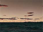 Electrical pylons in landscape at dusk,  Reykjavik, Iceland