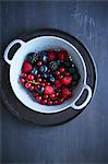 Summer berries in a light blue colander