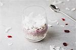 Rice pudding with cranberries and coconut in a glass