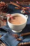 A white cup of hot chocolate with a candy cane in it, surrounded by Christmas spices