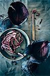 Red cabbage leaves and strips on a plate