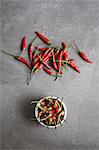 A bowl of chillis and scattered chillis (seen from above)